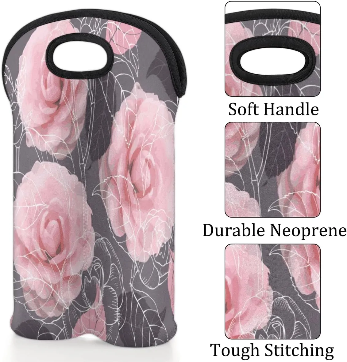 2 Bottle Wine Carrier Tote Bag Rose Paint Insulated Neoprene Wine Bottle Holder Portable Wine Cooler Bag with Secure Carry Handle for Travel Picnic Birthday Party