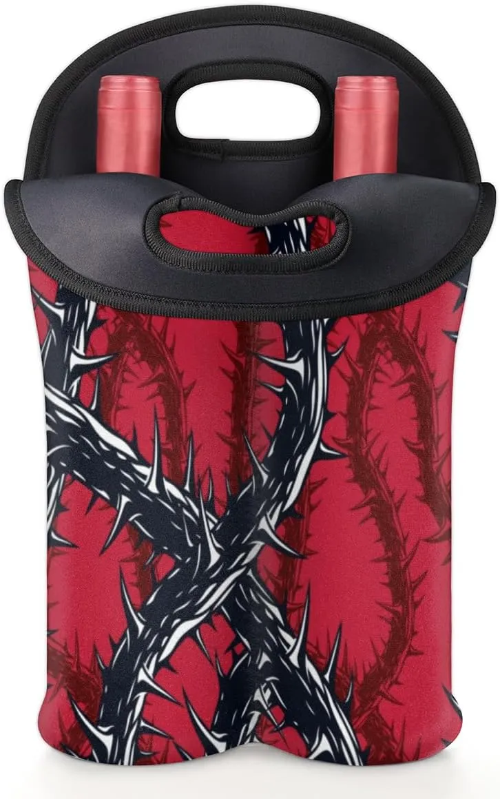 2 Bottle Wine Carrier Tote Bag Thorns Insulated Neoprene Portable Bottle Holder Great Gift for Wine Lover, Great for Picnics Travel BYOB, Outdoor Entertaining
