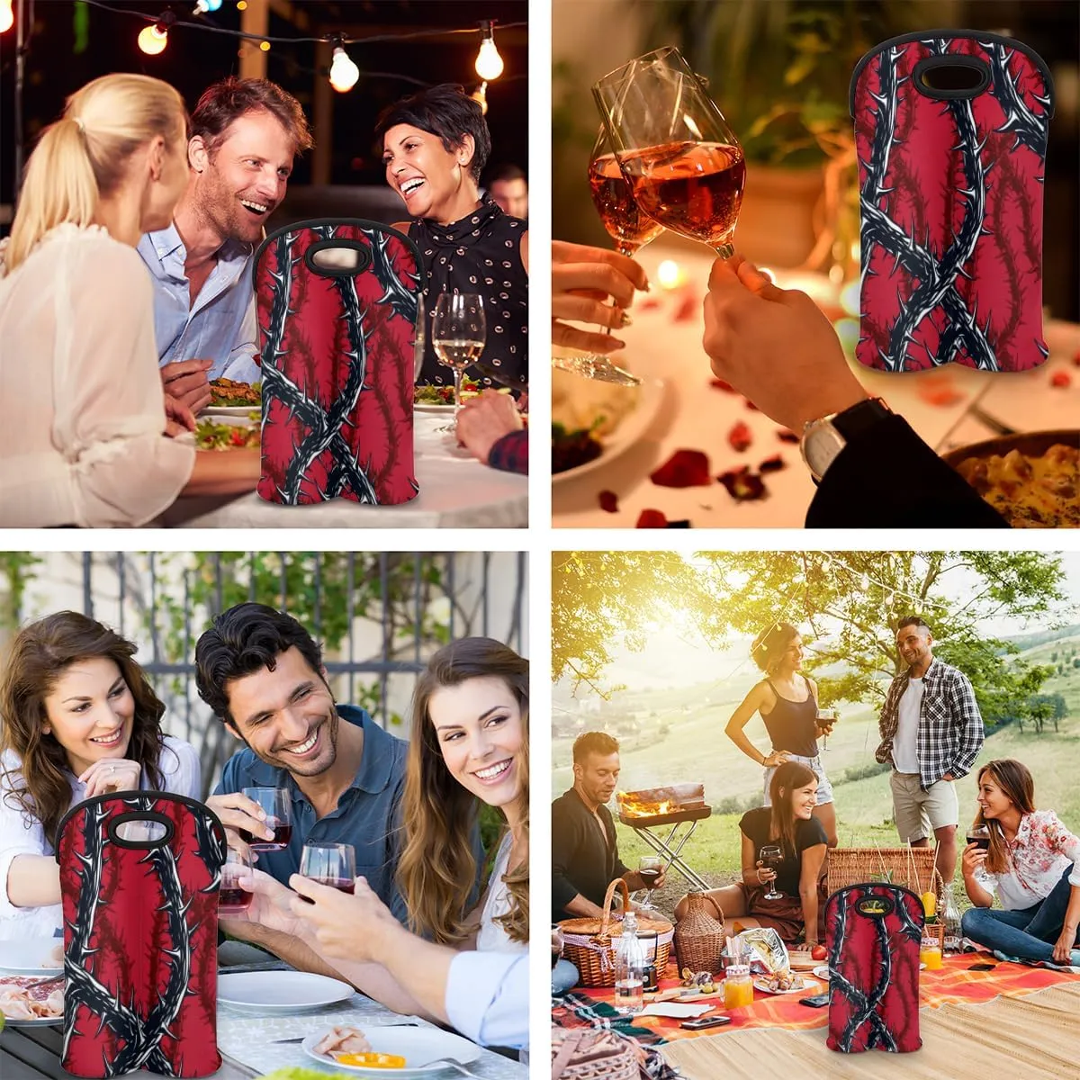 2 Bottle Wine Carrier Tote Bag Thorns Insulated Neoprene Portable Bottle Holder Great Gift for Wine Lover, Great for Picnics Travel BYOB, Outdoor Entertaining