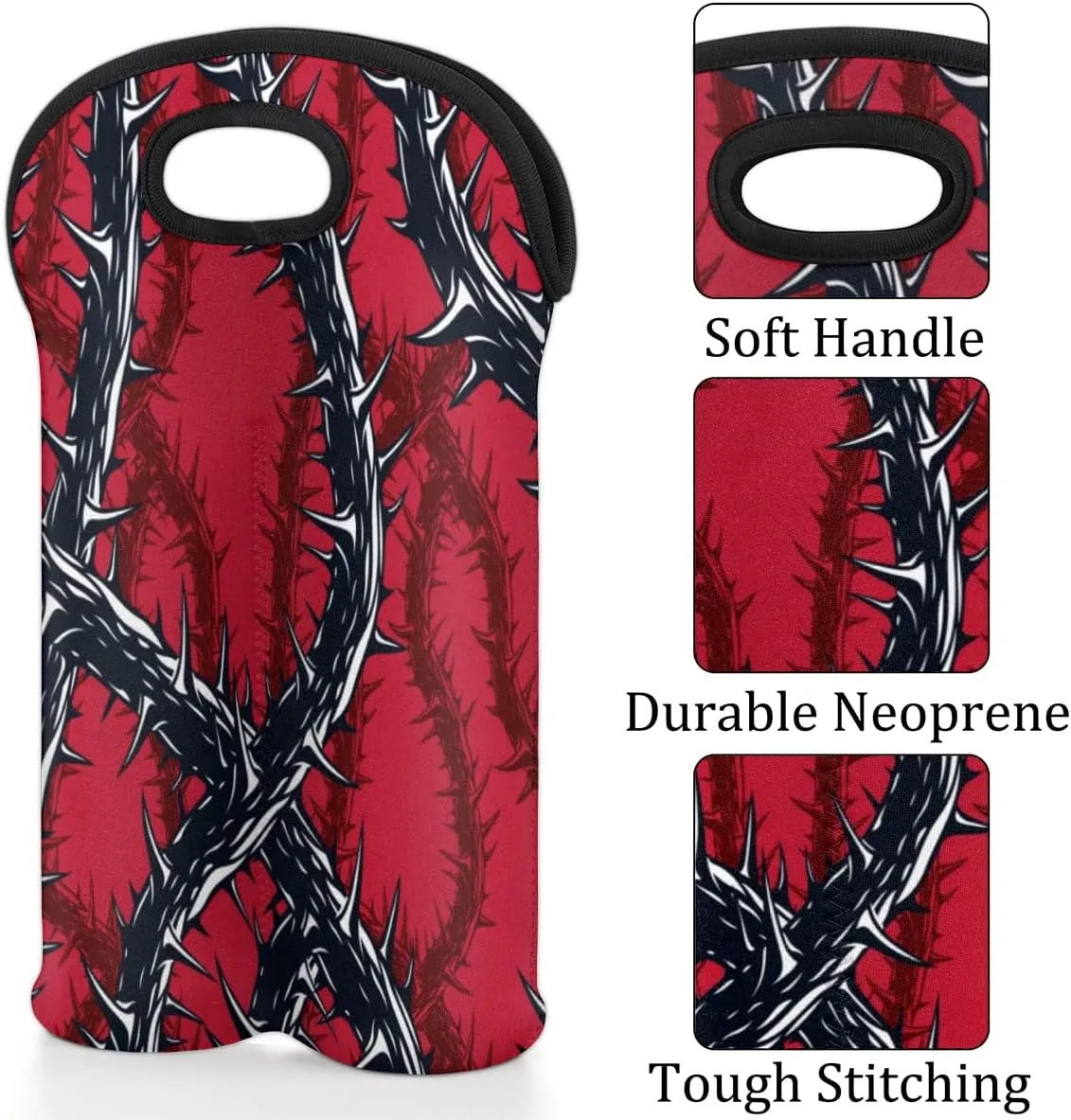 2 Bottle Wine Carrier Tote Bag Thorns Insulated Neoprene Portable Bottle Holder Great Gift for Wine Lover, Great for Picnics Travel BYOB, Outdoor Entertaining