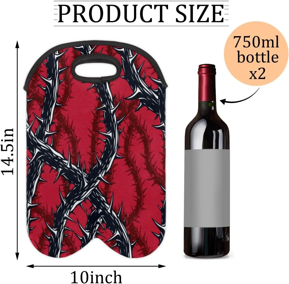 2 Bottle Wine Carrier Tote Bag Thorns Insulated Neoprene Portable Bottle Holder Great Gift for Wine Lover, Great for Picnics Travel BYOB, Outdoor Entertaining