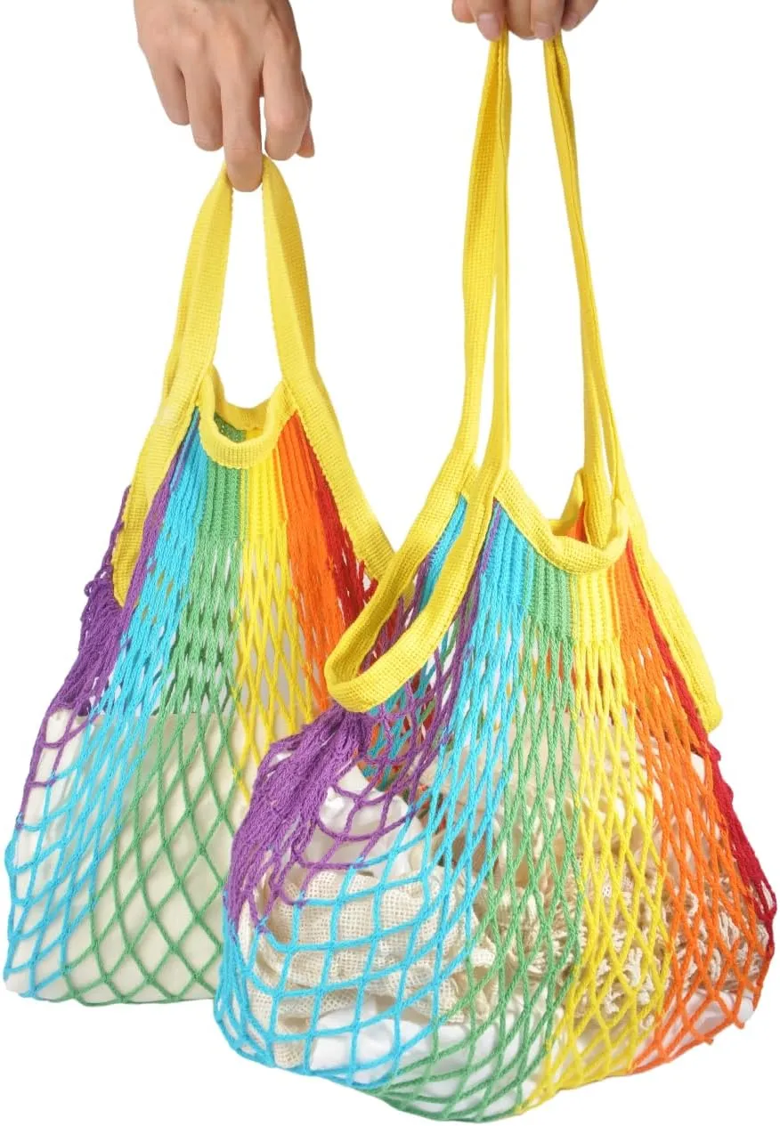 2 counts Rainbow Colors Cotton Net Bags Muticolor Foldable and Reusable Mesh Grocery Bags for Fruits and Vegetables with Long 7.8 in and Short 3.9 in Handles