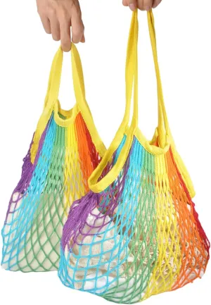 2 counts Rainbow Colors Cotton Net Bags Muticolor Foldable and Reusable Mesh Grocery Bags for Fruits and Vegetables with Long 7.8 in and Short 3.9 in Handles