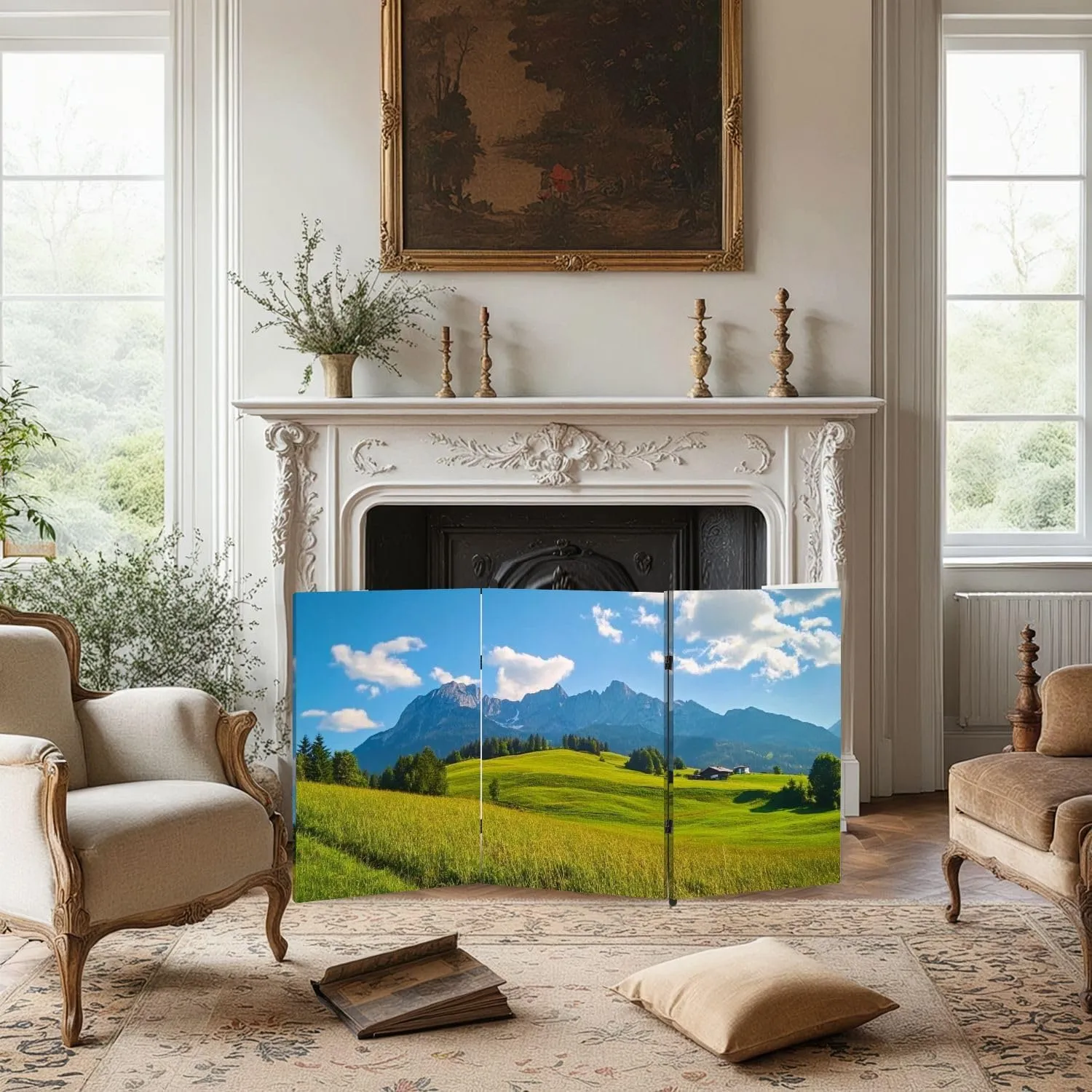 2 Ft Room Divider Screen Idyllic Alpine Scenery Farmhouse Front Wilder Austria Portable Short Canvas Folding Screen 3 Panel Freestanding Separator Privacy Partition Indoor Home Office