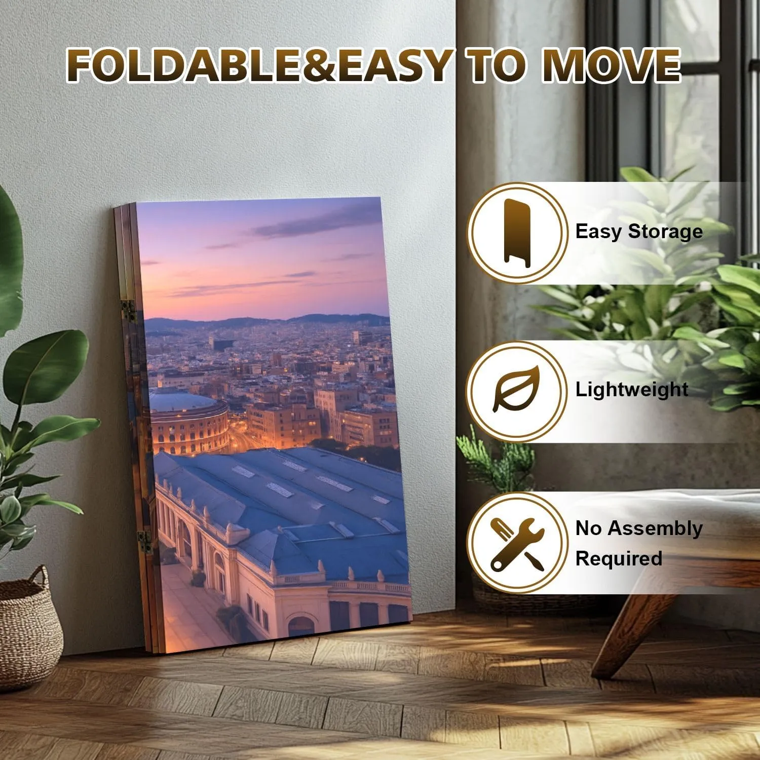 2 Ft Short Room Dividers Aerial View Plaza ESPA Sunset Spain Double Sided Canvas Folding Screen 3 Panel Freestanding Room Separator Privacy Partition for Home Office