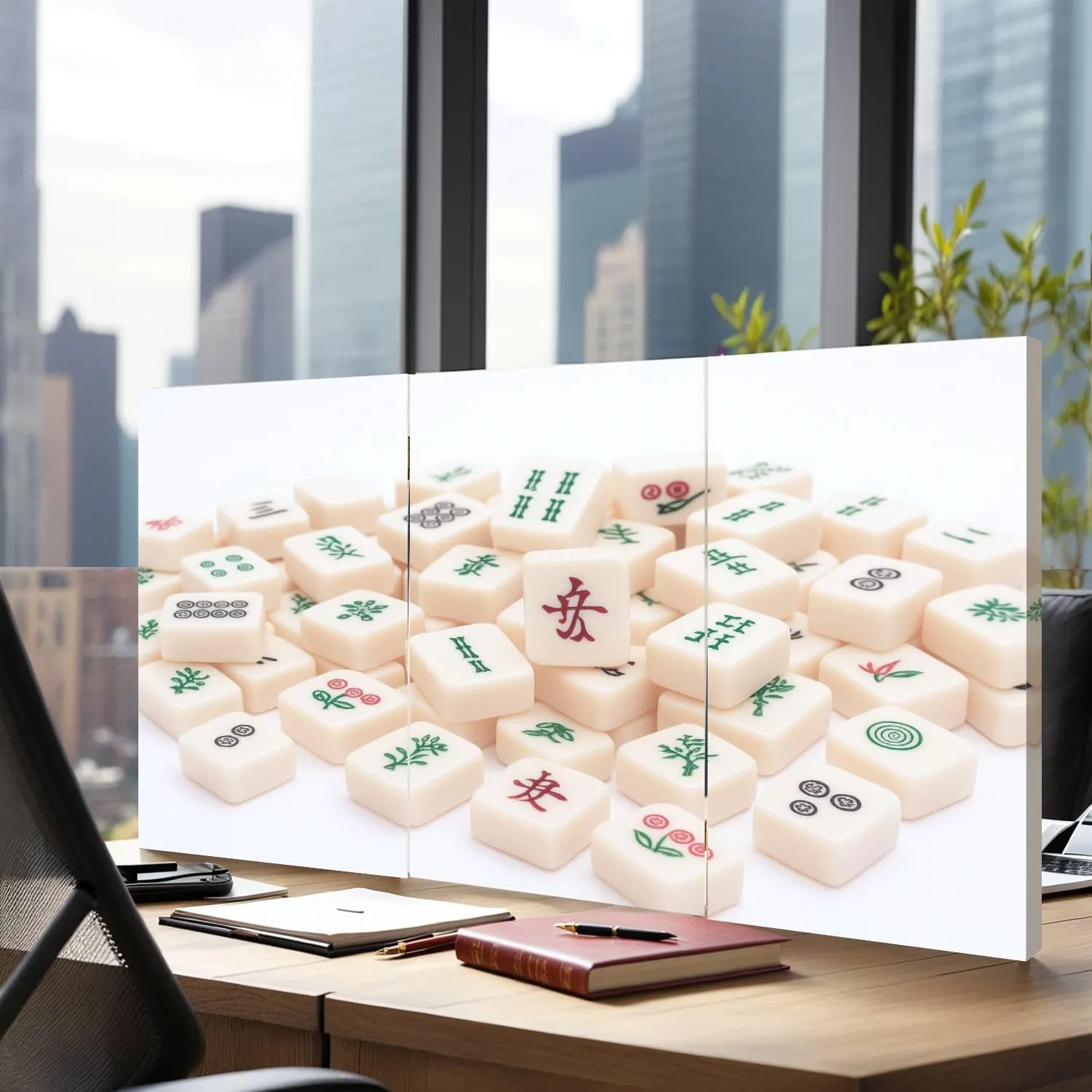 2 Ft Short Room Dividers Mahjong Board Game Pieces Double Sided Canvas Folding Screen 3 Panel Freestanding Room Separator Privacy Partition for Home Office