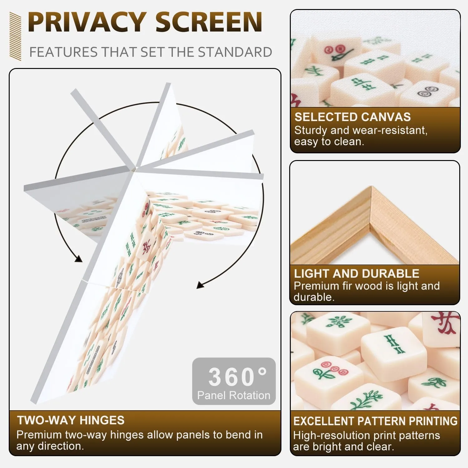 2 Ft Short Room Dividers Mahjong Board Game Pieces Double Sided Canvas Folding Screen 3 Panel Freestanding Room Separator Privacy Partition for Home Office
