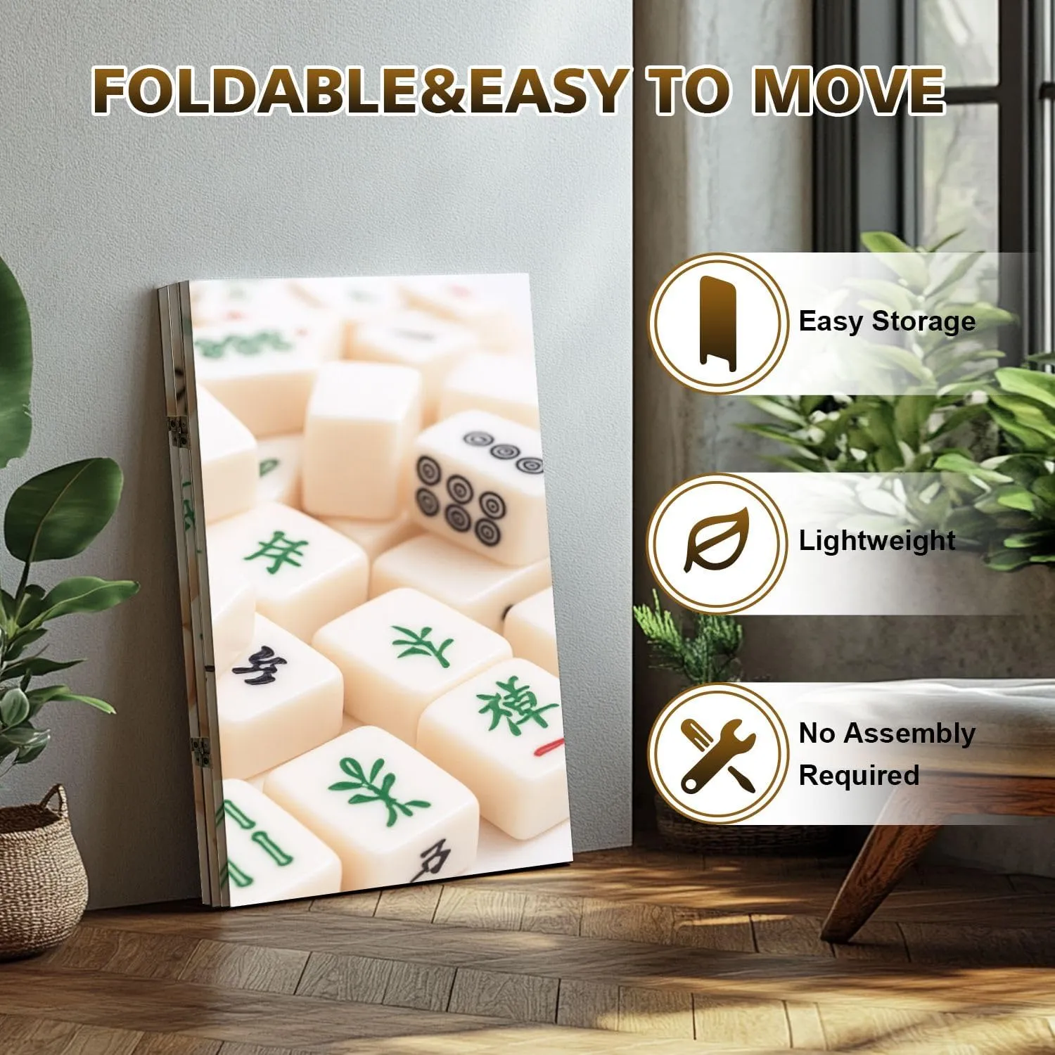 2 Ft Short Room Dividers Mahjong Board Game Pieces Double Sided Canvas Folding Screen 3 Panel Freestanding Room Separator Privacy Partition for Home Office