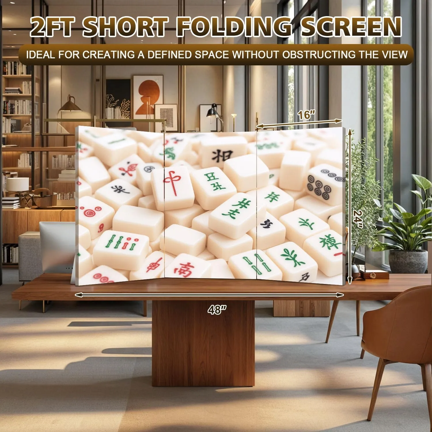 2 Ft Short Room Dividers Mahjong Board Game Pieces Double Sided Canvas Folding Screen 3 Panel Freestanding Room Separator Privacy Partition for Home Office