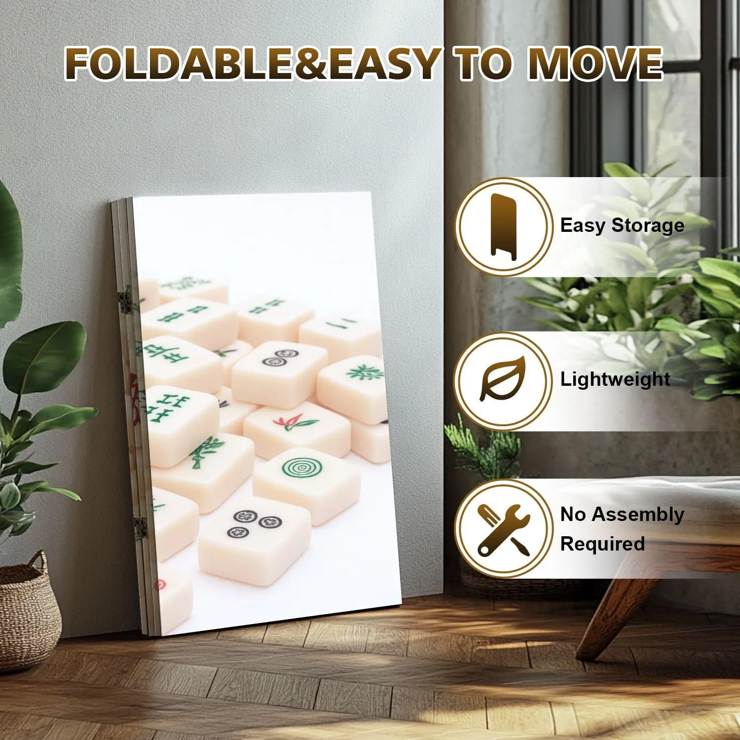 2 Ft Short Room Dividers Mahjong Board Game Pieces Double Sided Canvas Folding Screen 3 Panel Freestanding Room Separator Privacy Partition for Home Office
