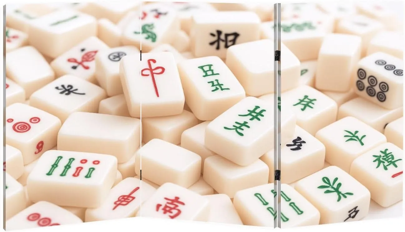 2 Ft Short Room Dividers Mahjong Board Game Pieces Double Sided Canvas Folding Screen 3 Panel Freestanding Room Separator Privacy Partition for Home Office