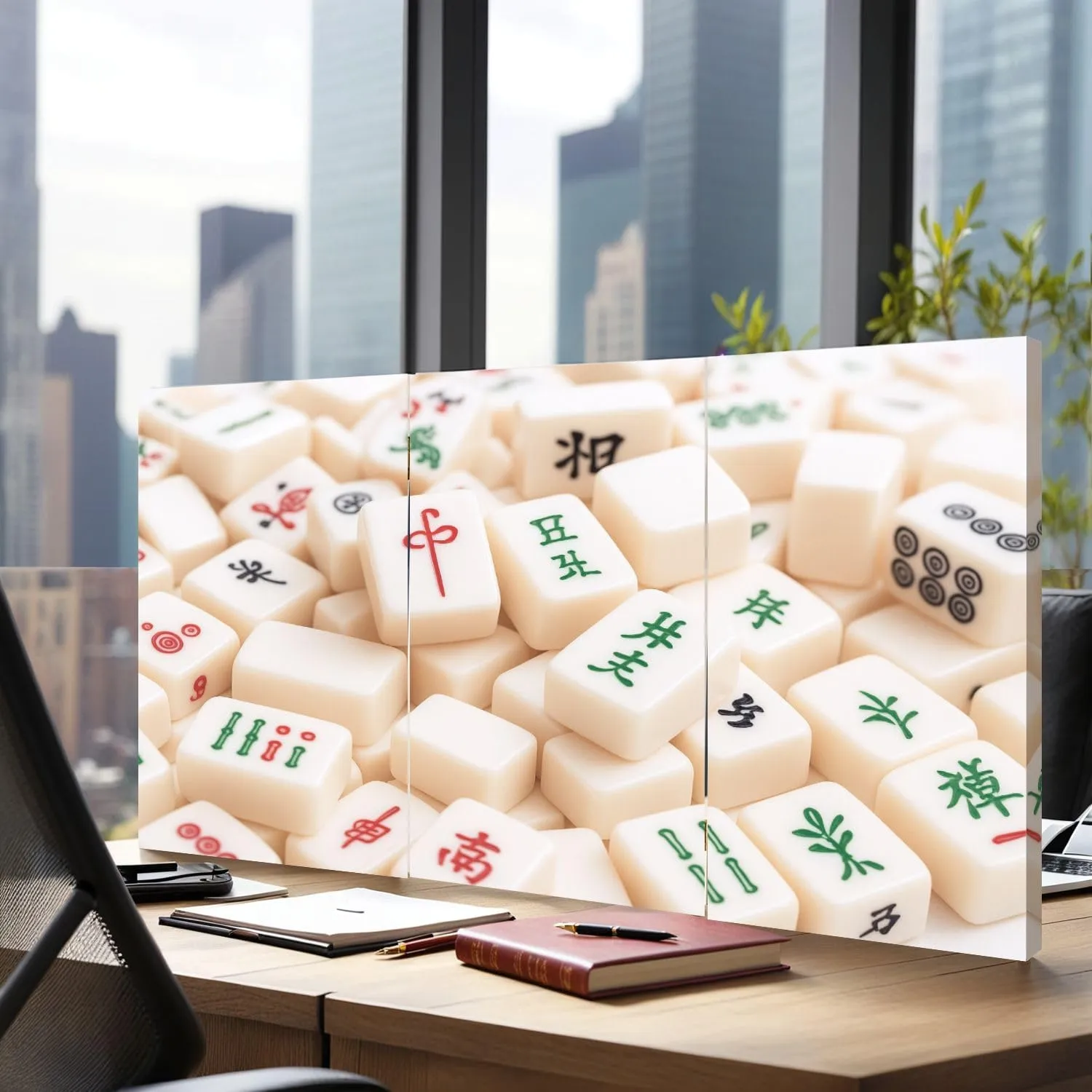 2 Ft Short Room Dividers Mahjong Board Game Pieces Double Sided Canvas Folding Screen 3 Panel Freestanding Room Separator Privacy Partition for Home Office