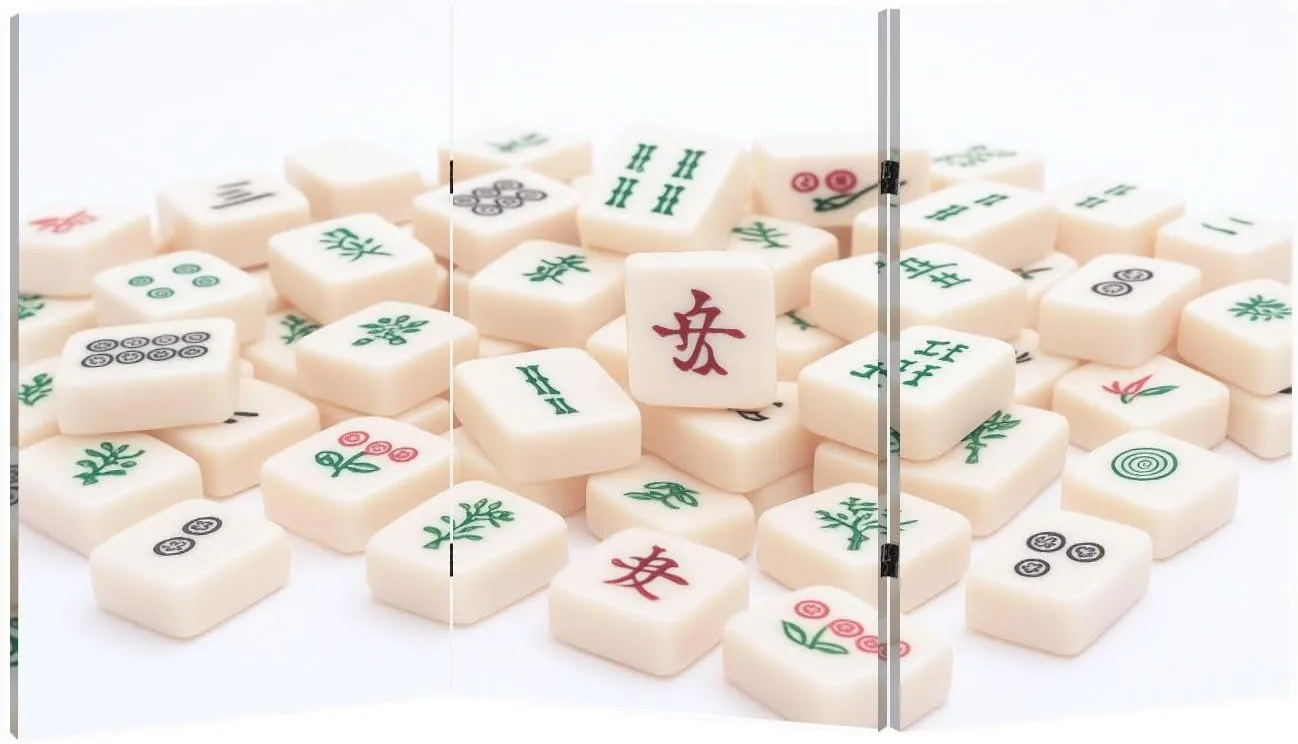2 Ft Short Room Dividers Mahjong Board Game Pieces Double Sided Canvas Folding Screen 3 Panel Freestanding Room Separator Privacy Partition for Home Office