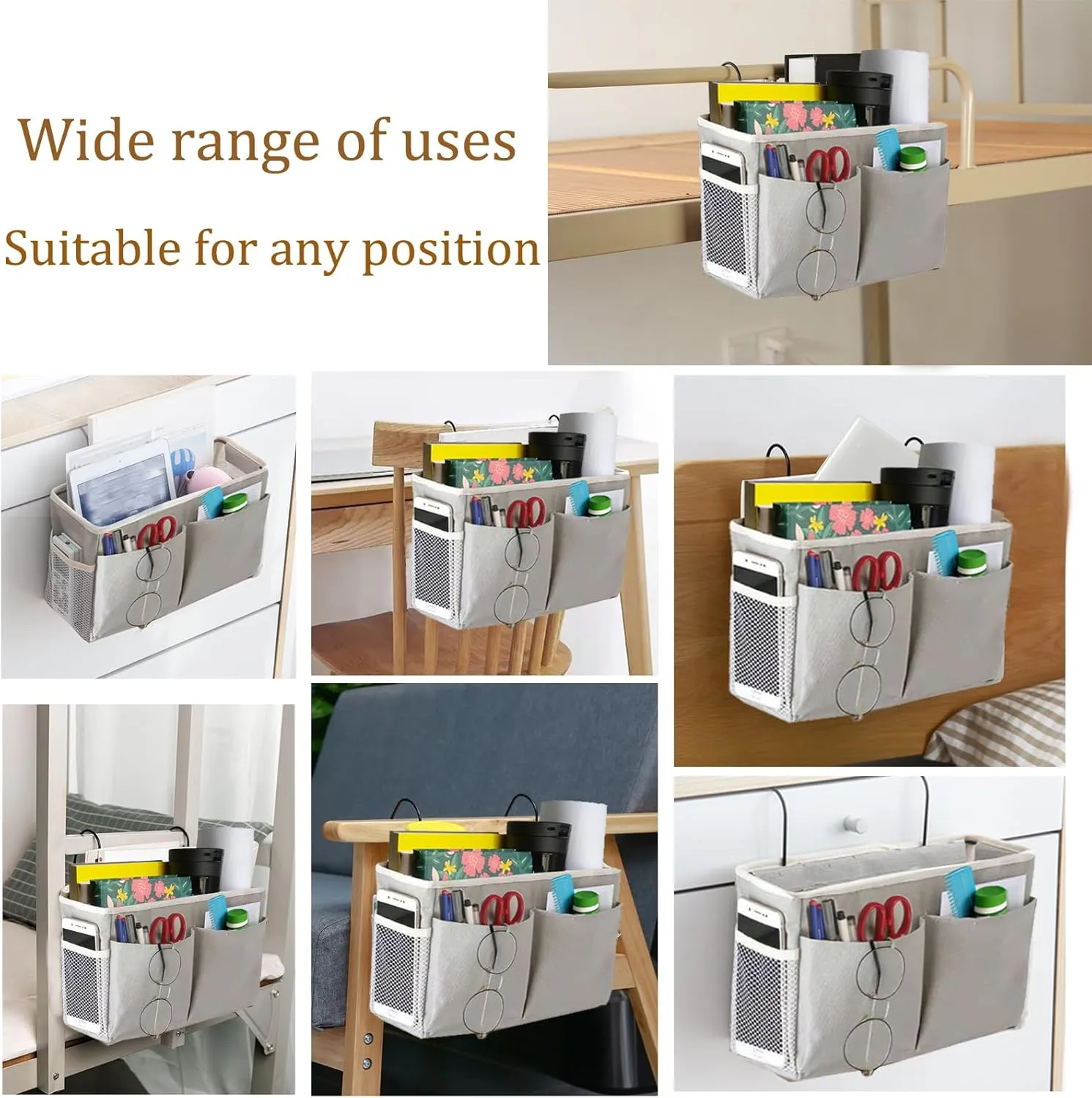 2-Pack Bedside Caddy, Bedside Hanging Storage Organizer for College Dorm Beds, Bunk Beds and Hospital Beds Rails, The Hanging Basket Can be Placed Magazine, Books, Phones,kettle, Glasses (Grey)