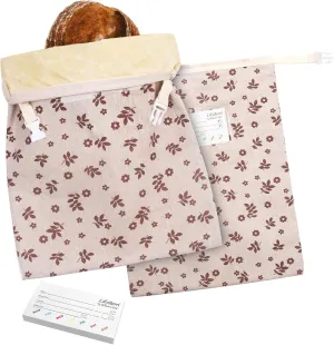 2 Pack Reusable Beeswax Bread Bags with Zipper and 20 Pcs Food Labels, Cotton Sourdough Bread Bags for Homemade Sourdough (kahki)