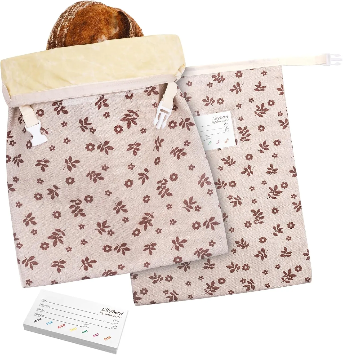 2 Pack Reusable Beeswax Bread Bags with Zipper and 20 Pcs Food Labels, Cotton Sourdough Bread Bags for Homemade Sourdough (kahki)