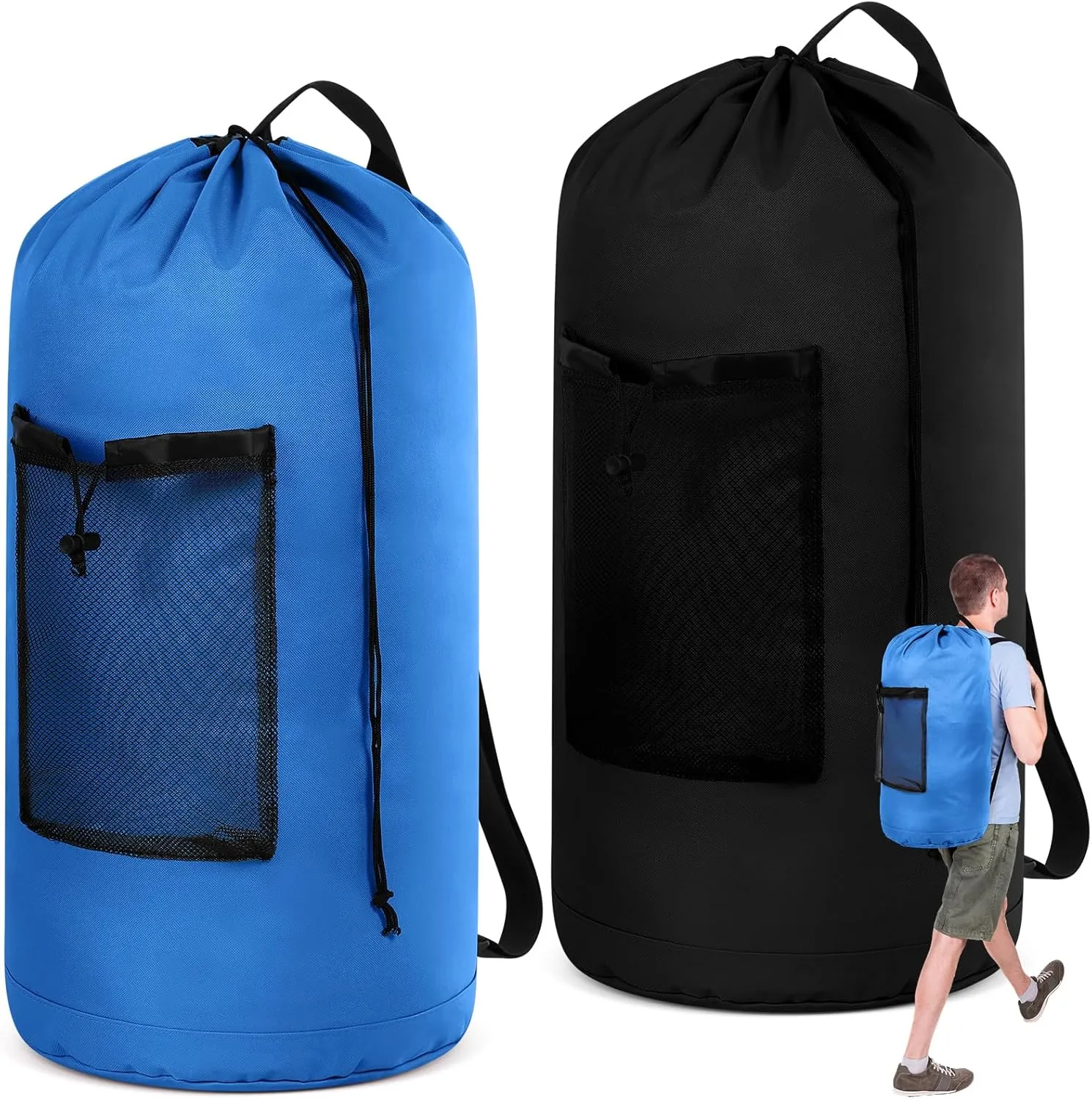 2 Pack XL Travel Laundry Backpack Extra Large Travel Laundry Bag with Adjustable Shoulder Straps and Mesh Pocket Washable Dirty Clothes Bag for College, Apartment(Black, Blue)