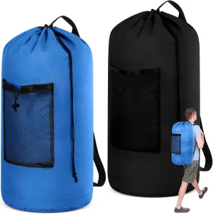 2 Pack XL Travel Laundry Backpack Extra Large Travel Laundry Bag with Adjustable Shoulder Straps and Mesh Pocket Washable Dirty Clothes Bag for College, Apartment(Black, Blue)