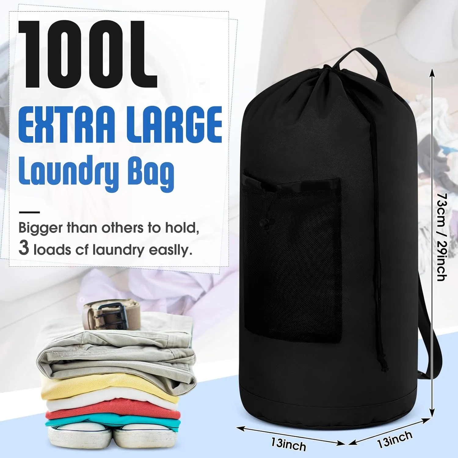 2 Pack XL Travel Laundry Backpack Extra Large Travel Laundry Bag with Adjustable Shoulder Straps and Mesh Pocket Washable Dirty Clothes Bag for College, Apartment(Black, Blue)