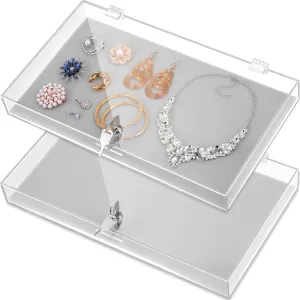 2 Pcs Acrylic Locking Jewelry Display Case Clear Ring Earring Necklace Bracelet Security Showcase with Lock and Key for Trade Show Retail Display (Gray)