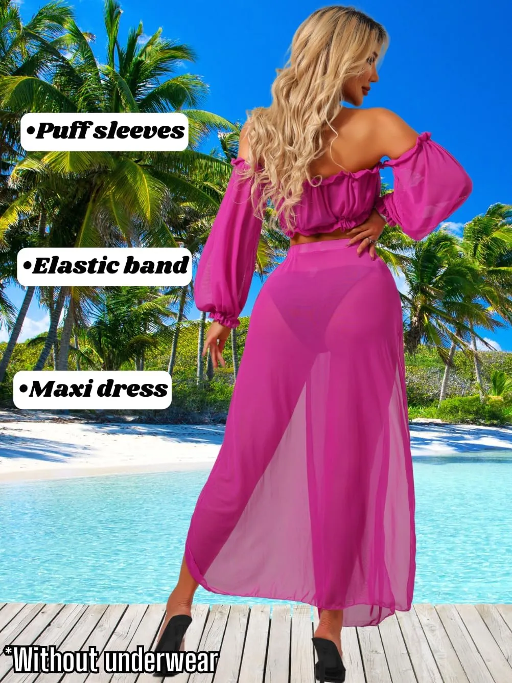 2 Piece Cover Up Dress, Off Shoulder High Slit, Vacation Pool Party, Sheer Mesh Skirt Sets Sexy Bikini Coverup