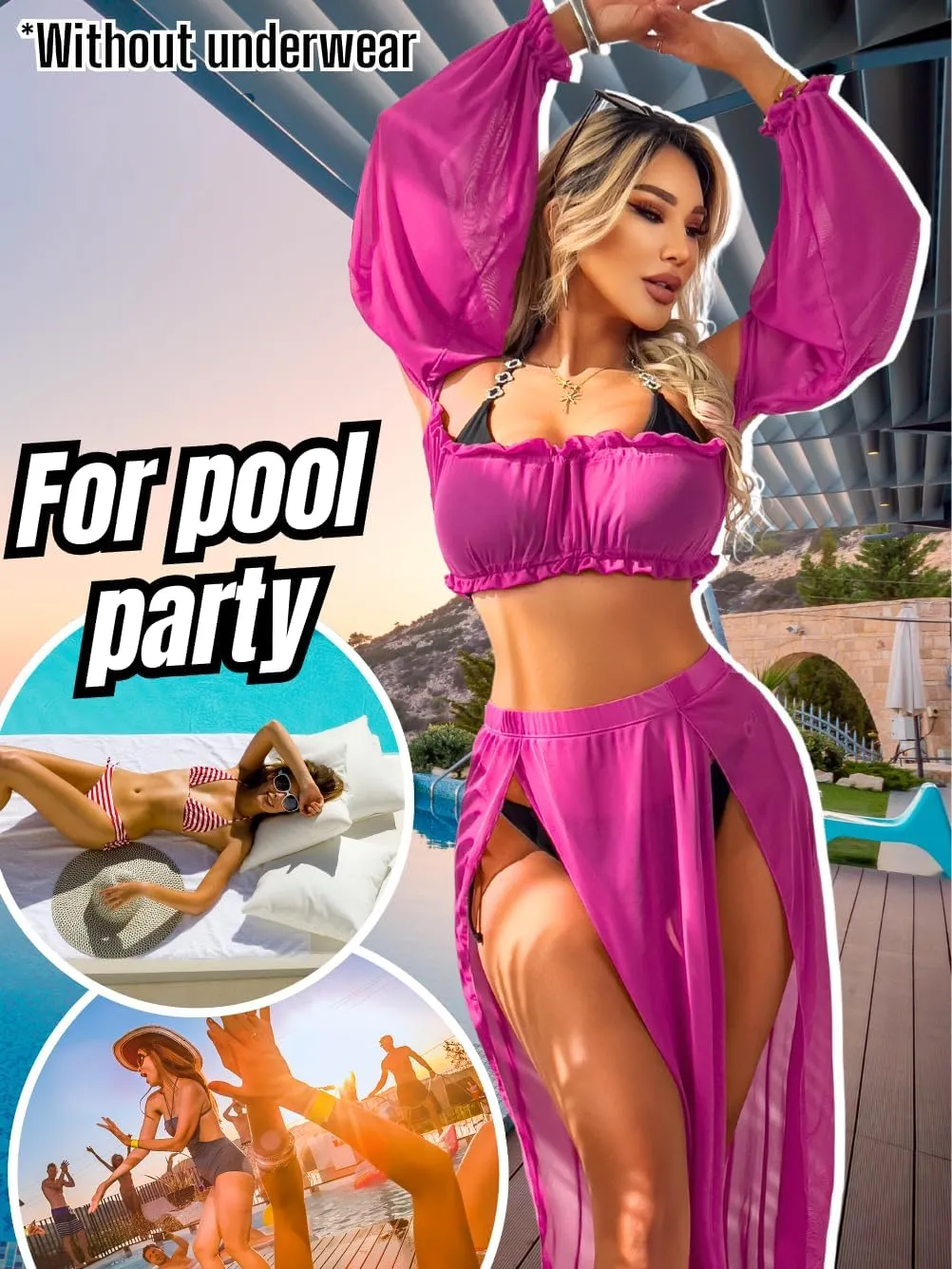 2 Piece Cover Up Dress, Off Shoulder High Slit, Vacation Pool Party, Sheer Mesh Skirt Sets Sexy Bikini Coverup
