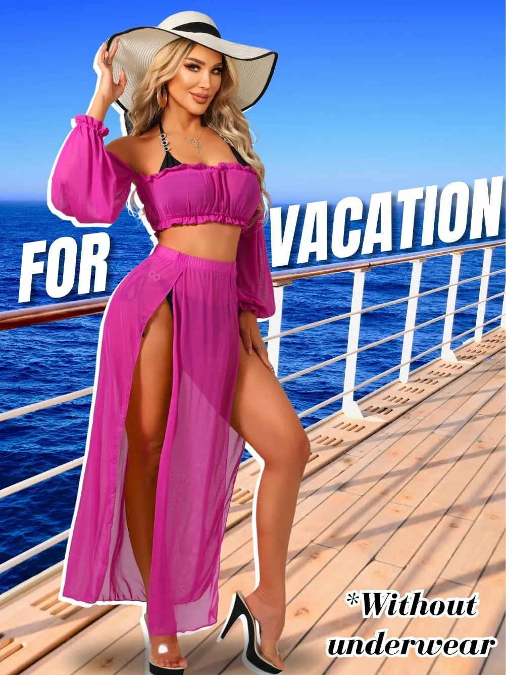 2 Piece Cover Up Dress, Off Shoulder High Slit, Vacation Pool Party, Sheer Mesh Skirt Sets Sexy Bikini Coverup