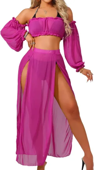 2 Piece Cover Up Dress, Off Shoulder High Slit, Vacation Pool Party, Sheer Mesh Skirt Sets Sexy Bikini Coverup