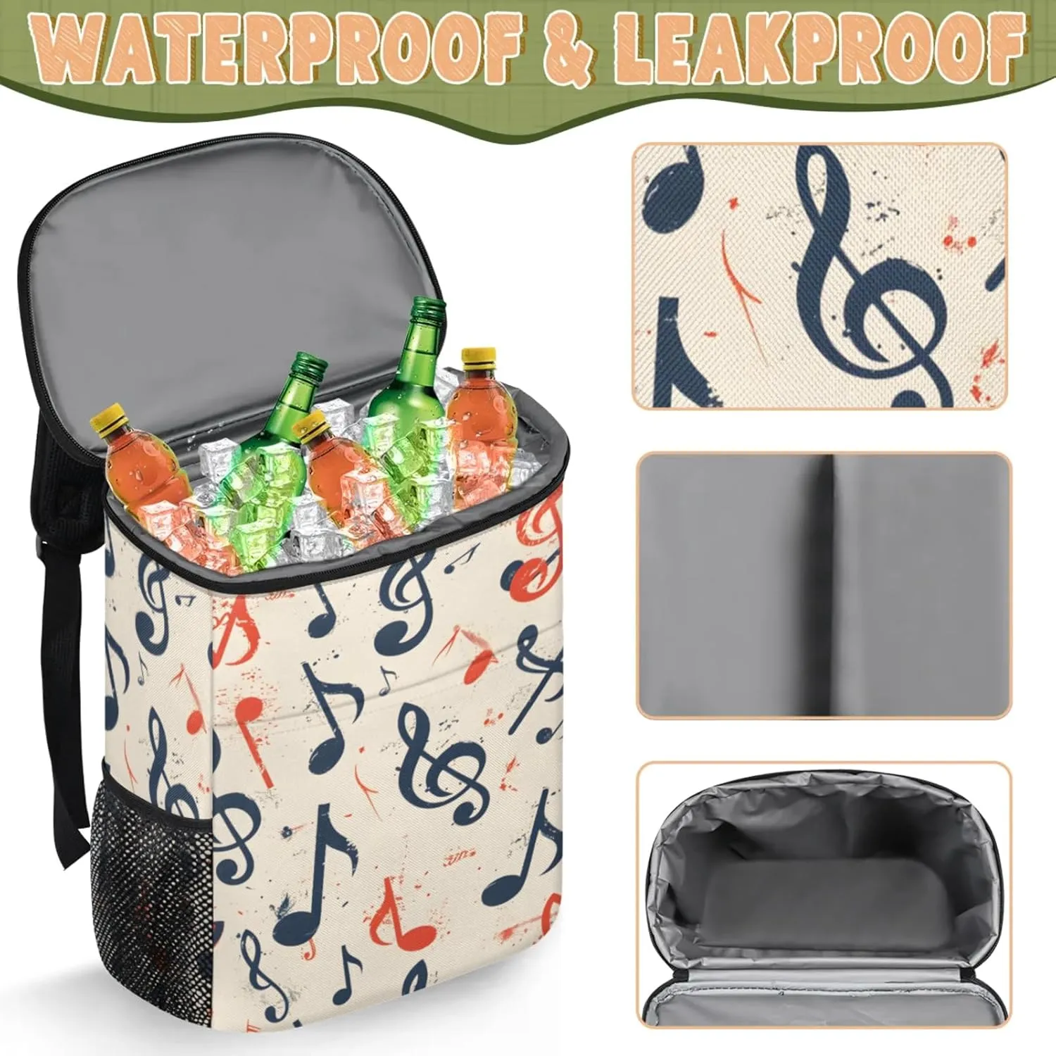 20-Hour Insulated Backpack Cooler Music Notes Watercolor Leakproof Cooler Bag Portable Cooler Backpack