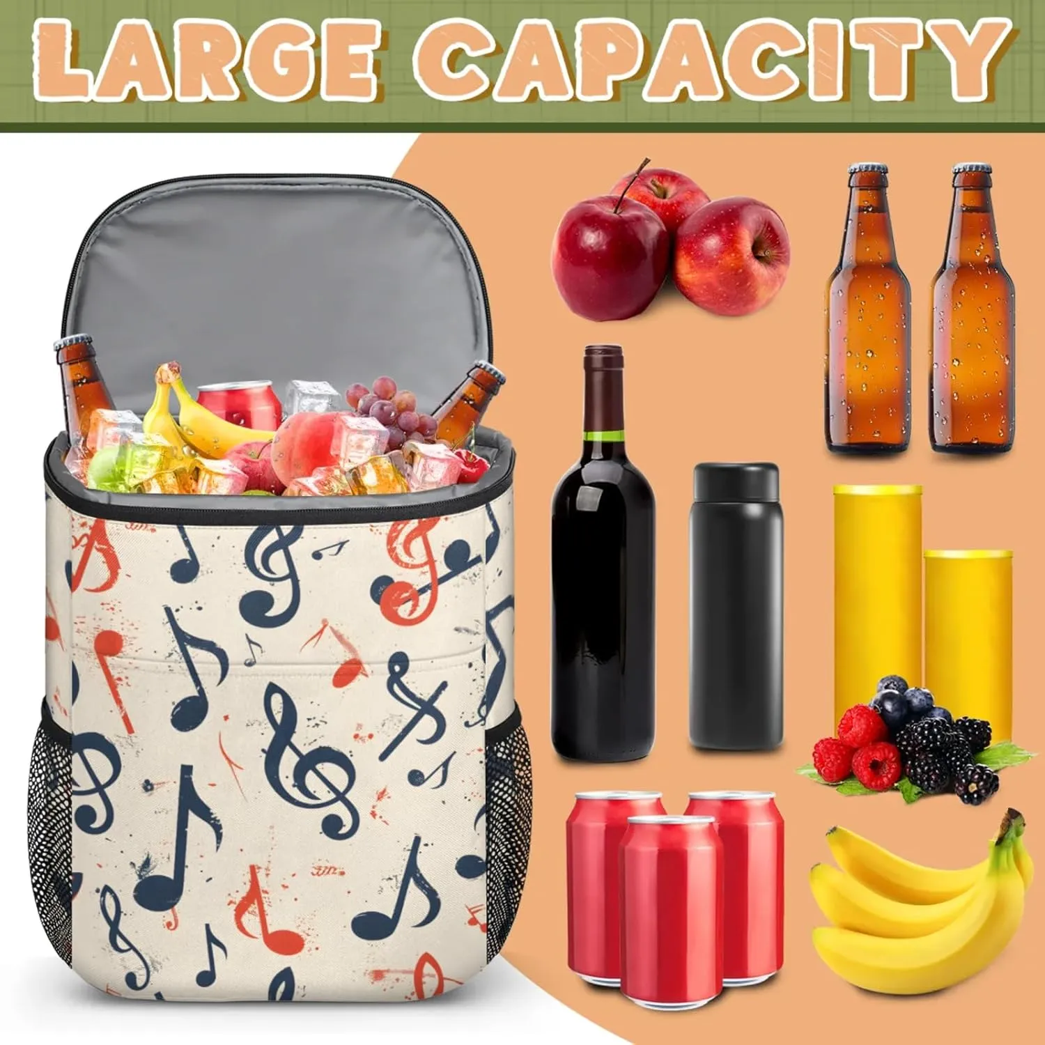 20-Hour Insulated Backpack Cooler Music Notes Watercolor Leakproof Cooler Bag Portable Cooler Backpack