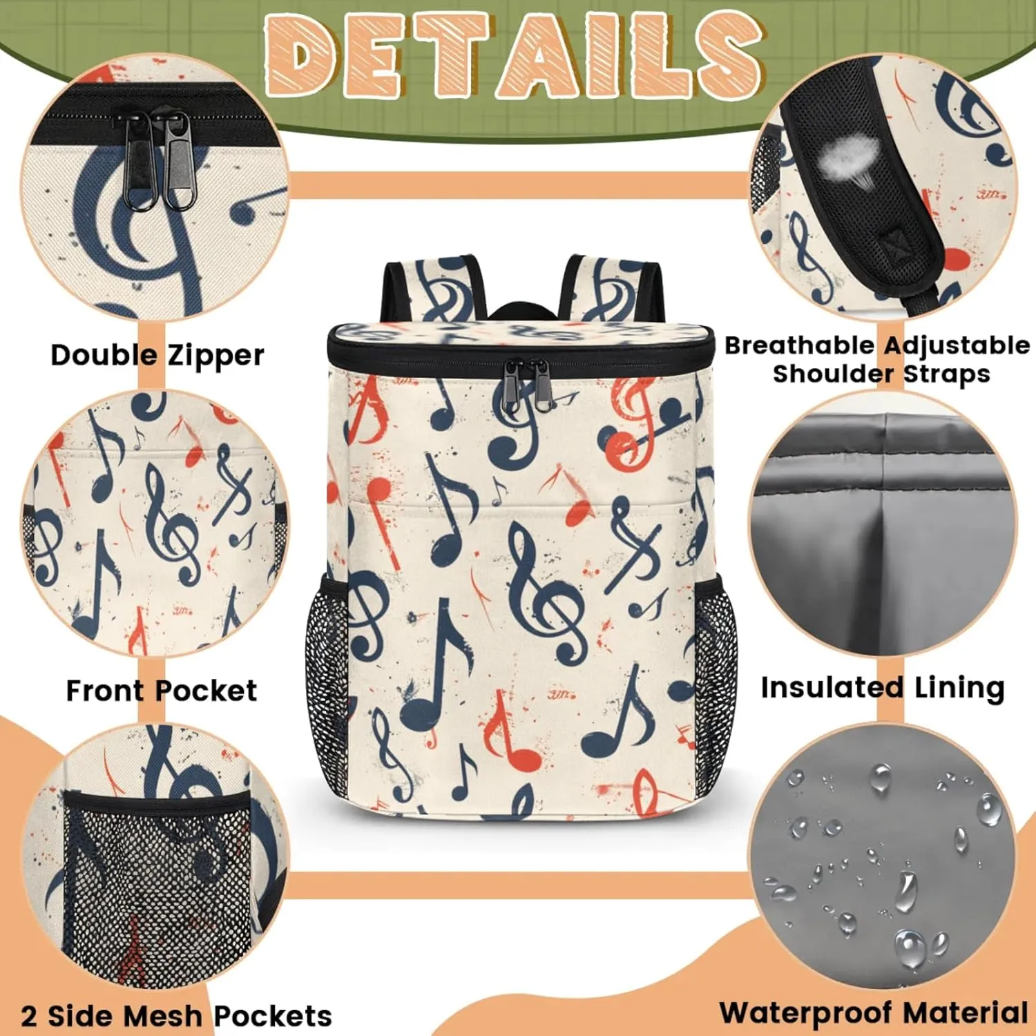 20-Hour Insulated Backpack Cooler Music Notes Watercolor Leakproof Cooler Bag Portable Cooler Backpack