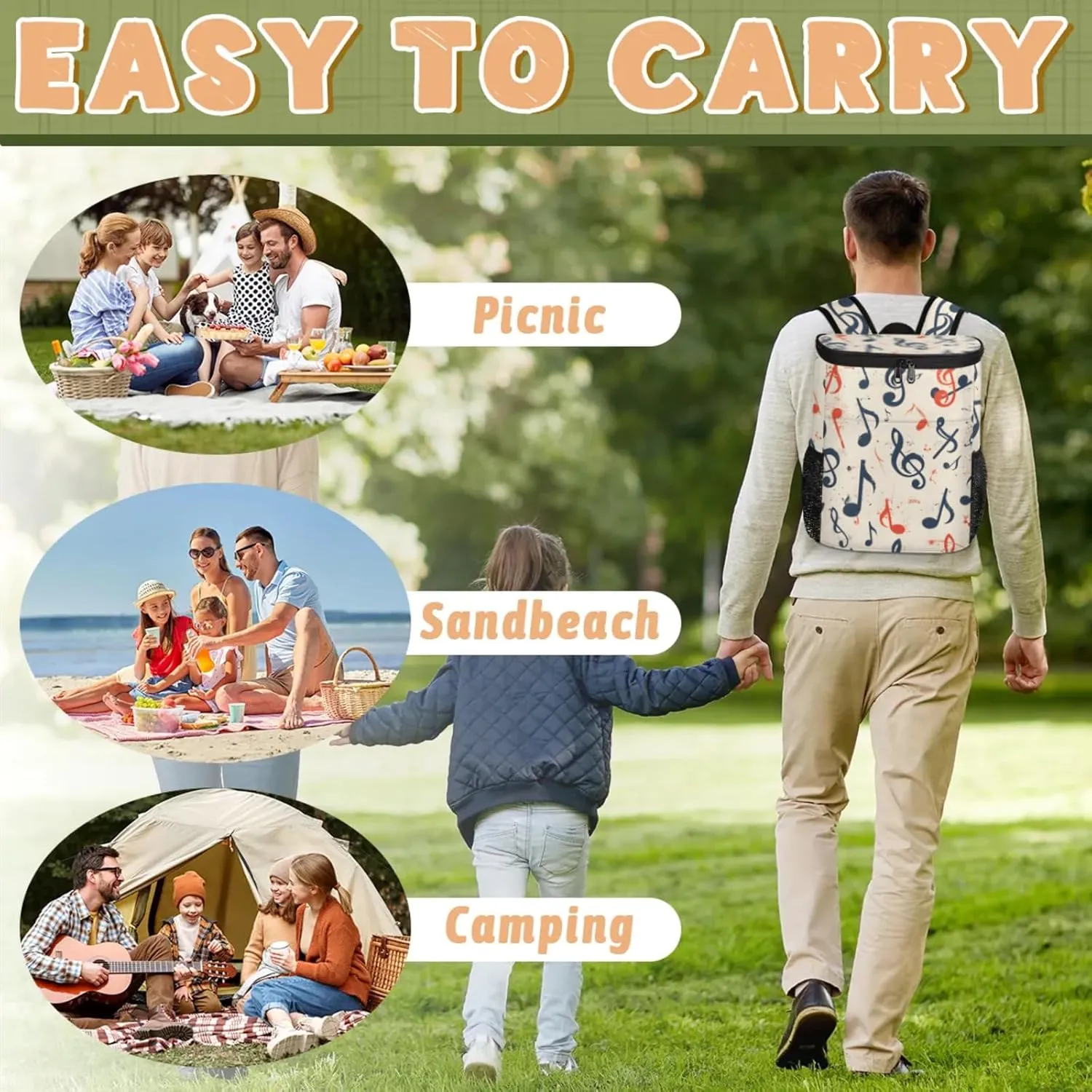 20-Hour Insulated Backpack Cooler Music Notes Watercolor Leakproof Cooler Bag Portable Cooler Backpack