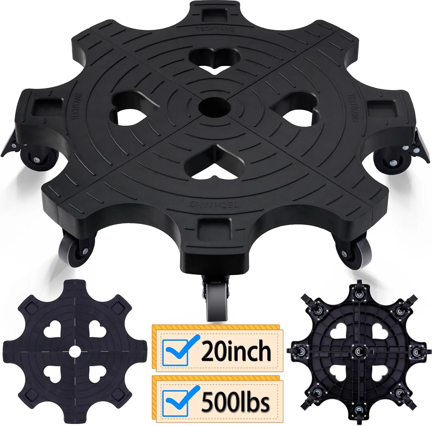 20 Inch Plant Caddy With Wheels - Heavy Duty Outdoor Indoor Rolling Plant Stand With Casters Black Plant Dolly Large Potted Planter Cart For Big Flower Pots Plants Pots, Heart Shaped Garden Pot Mover