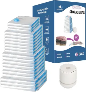 20 Pack Space Saver Vacuum Storage Bags for Clothing Travel, Vacuum Seal Compression Bags for Clothes, Packing, Luggage, Blankets, Comforters and Pillows, Electric Pump Included