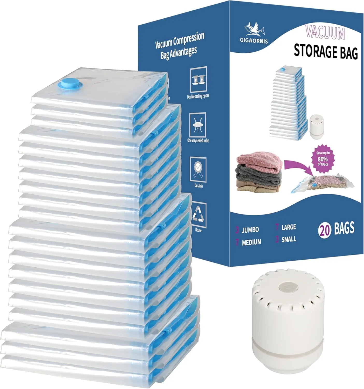 20 Pack Space Saver Vacuum Storage Bags for Clothing Travel, Vacuum Seal Compression Bags for Clothes, Packing, Luggage, Blankets, Comforters and Pillows, Electric Pump Included