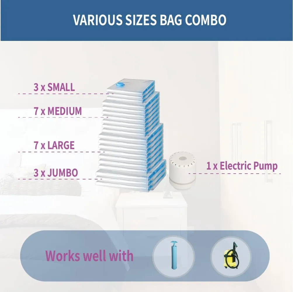 20 Pack Space Saver Vacuum Storage Bags for Clothing Travel, Vacuum Seal Compression Bags for Clothes, Packing, Luggage, Blankets, Comforters and Pillows, Electric Pump Included