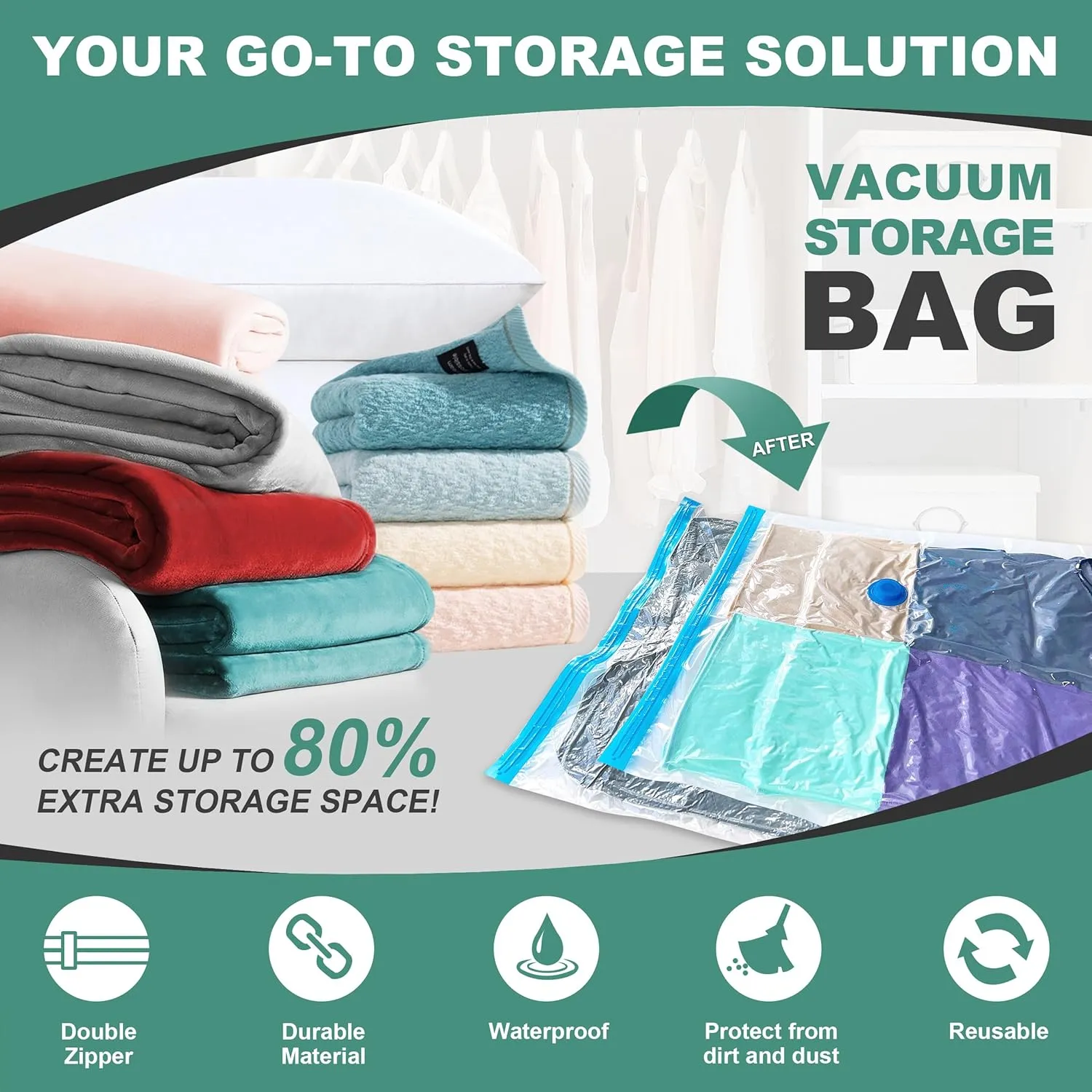 20 Pack Vacuum Storage Bags, Space Saver Bags, Vacuum Sealed Bags for Comforters, Blankets, Clothes Storage, Hand Pump Included (4 Jumbo/4 Large/4 Medium/8 Small)