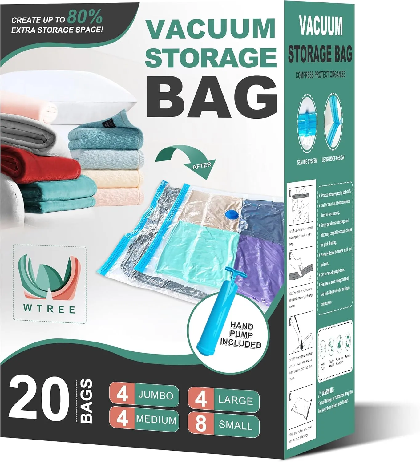 20 Pack Vacuum Storage Bags, Space Saver Bags, Vacuum Sealed Bags for Comforters, Blankets, Clothes Storage, Hand Pump Included (4 Jumbo/4 Large/4 Medium/8 Small)