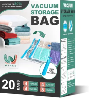 20 Pack Vacuum Storage Bags, Space Saver Bags, Vacuum Sealed Bags for Comforters, Blankets, Clothes Storage, Hand Pump Included (4 Jumbo/4 Large/4 Medium/8 Small)
