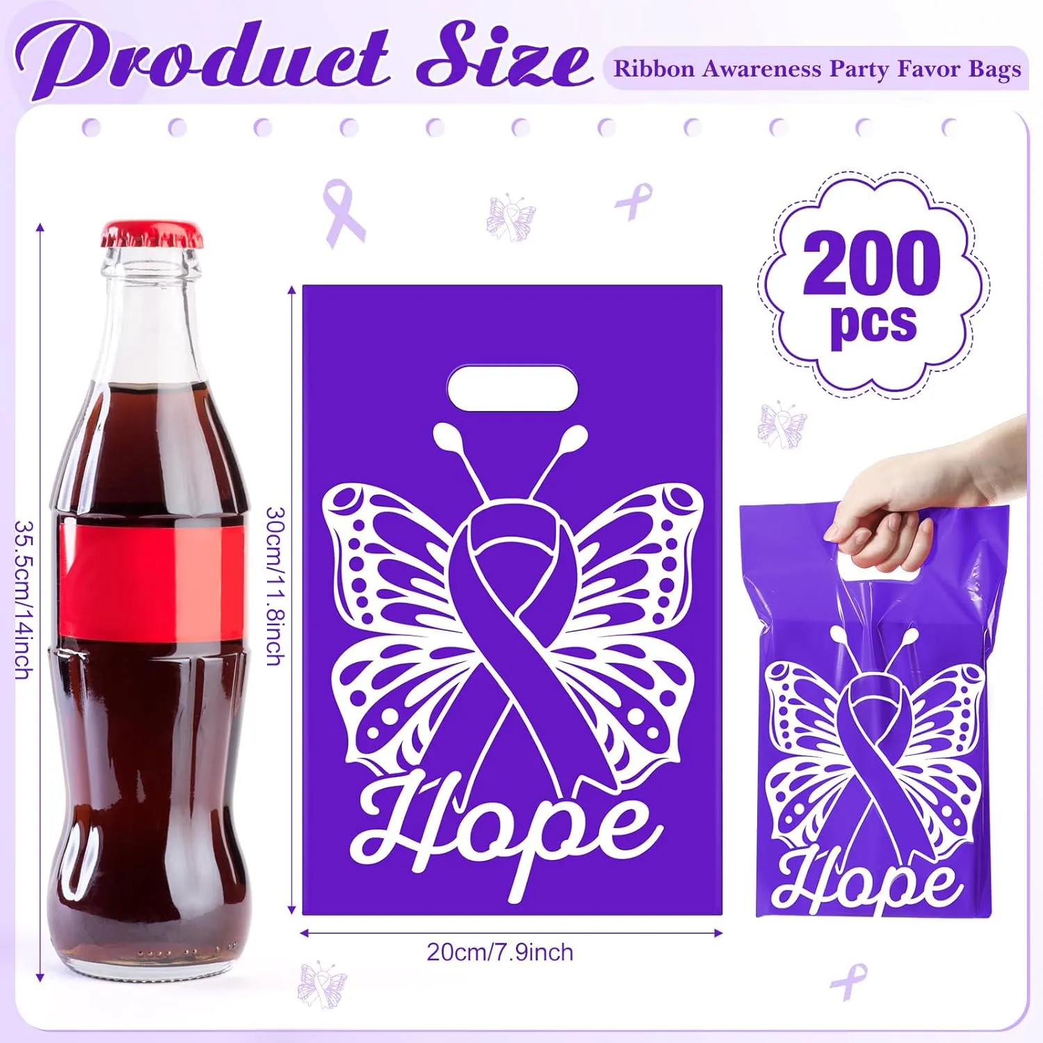 200 Pcs Purple Ribbon Gift Bags Bulk 12 x 9 Inch Domestic Violence Awareness Plastic Goody Treat Cancer Awareness Bag with Handles for Events Men Women Teens
