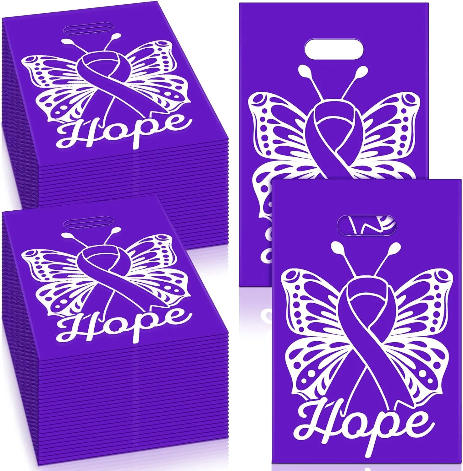 200 Pcs Purple Ribbon Gift Bags Bulk 12 x 9 Inch Domestic Violence Awareness Plastic Goody Treat Cancer Awareness Bag with Handles for Events Men Women Teens