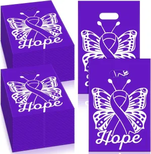 200 Pcs Purple Ribbon Gift Bags Bulk 12 x 9 Inch Domestic Violence Awareness Plastic Goody Treat Cancer Awareness Bag with Handles for Events Men Women Teens