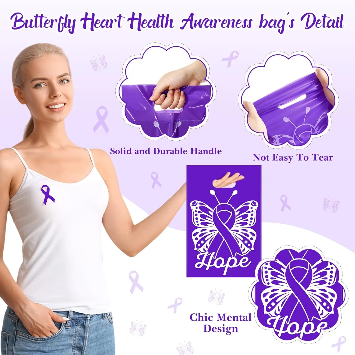 200 Pcs Purple Ribbon Gift Bags Bulk 12 x 9 Inch Domestic Violence Awareness Plastic Goody Treat Cancer Awareness Bag with Handles for Events Men Women Teens