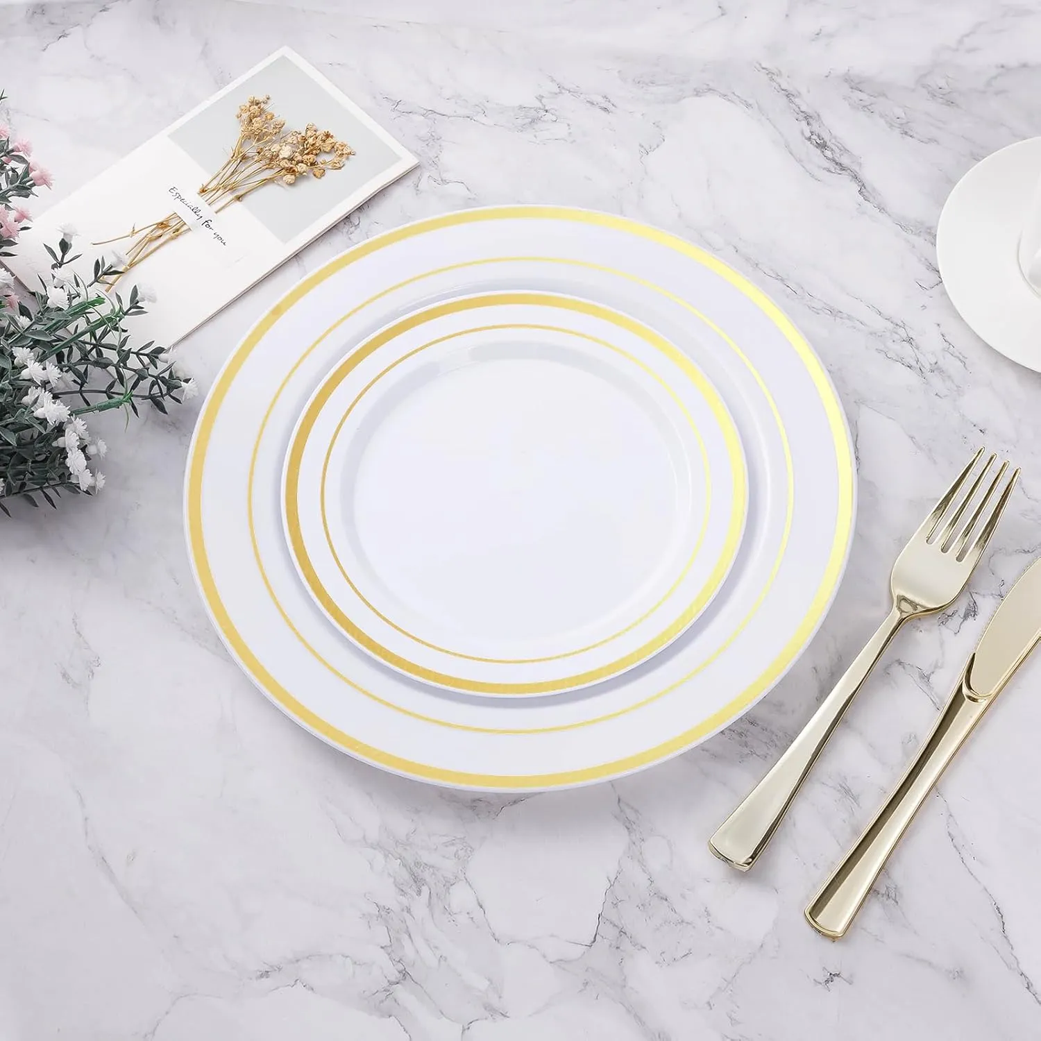 200PCS Gold Plastic Plate, Disposable Party Plates with 100 Dinner Plates and 100 Dessert Plates, Plastic Plates for Party, Wedding and Birthday