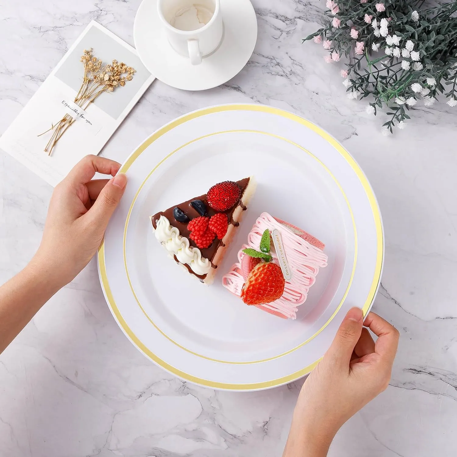 200PCS Gold Plastic Plate, Disposable Party Plates with 100 Dinner Plates and 100 Dessert Plates, Plastic Plates for Party, Wedding and Birthday