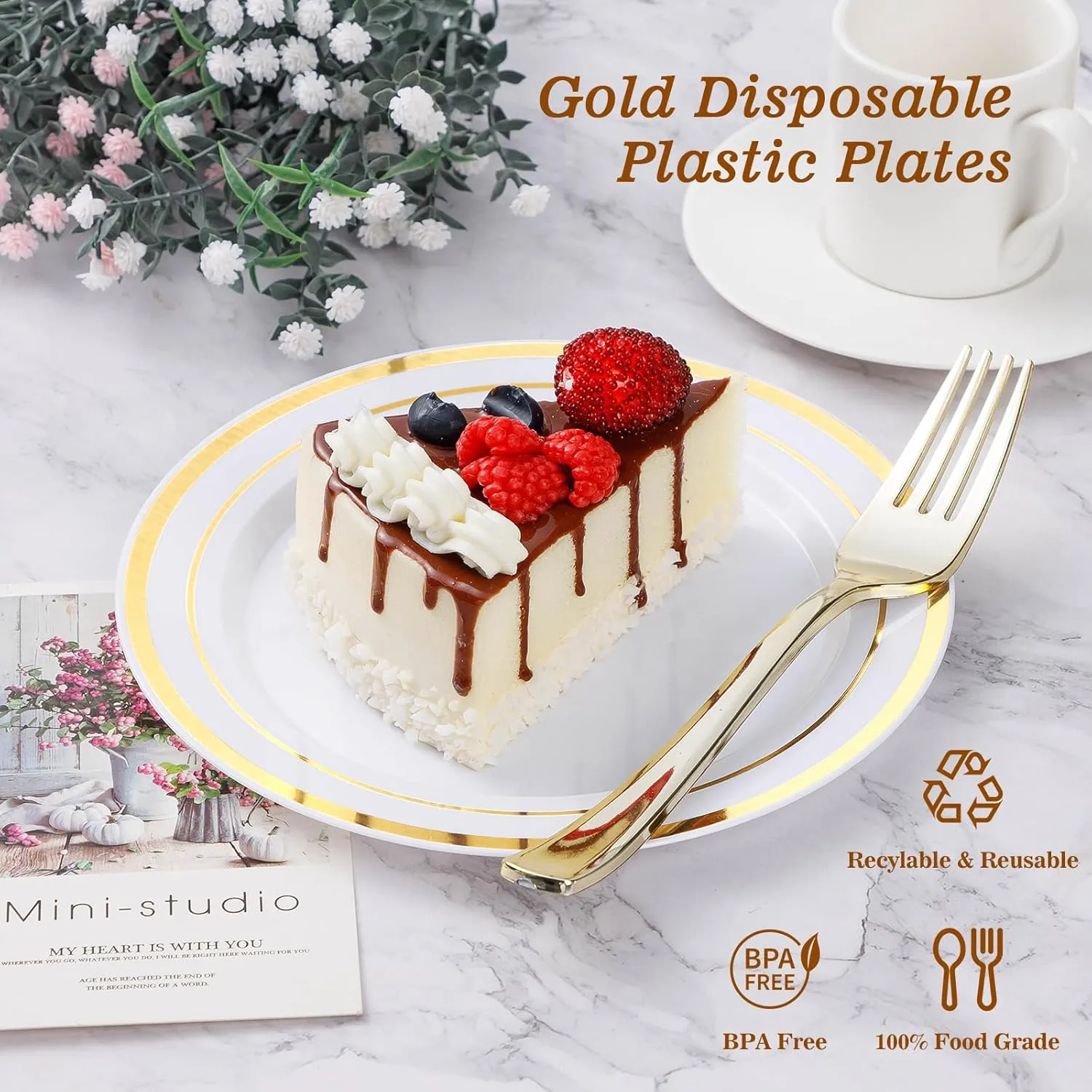 200PCS Gold Plastic Plate, Disposable Party Plates with 100 Dinner Plates and 100 Dessert Plates, Plastic Plates for Party, Wedding and Birthday