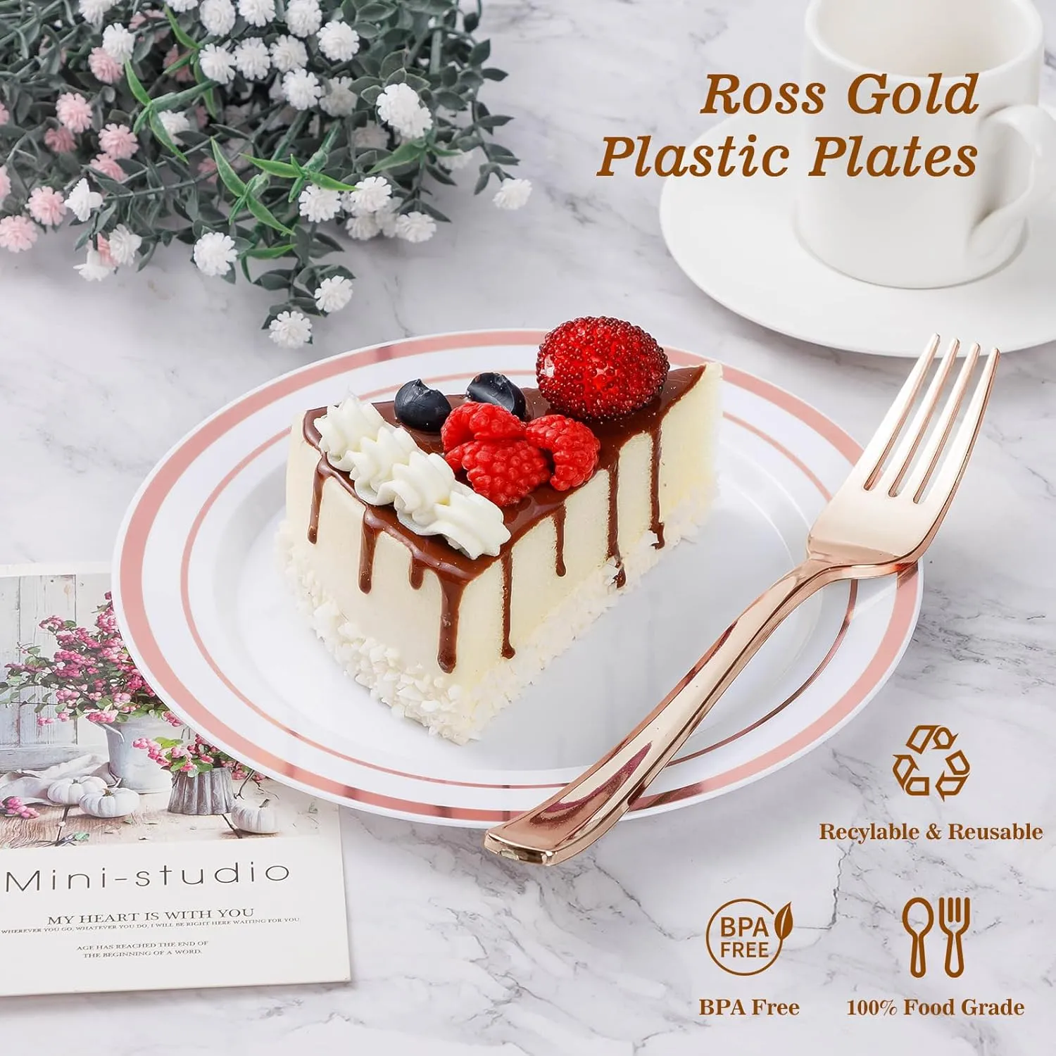 200PCS Rose Gold Plastic Plate, Disposable Party Plates with 100 Dinner Plates and 100 Dessert Plates, Plastic Plates for Party, Wedding and Birthday