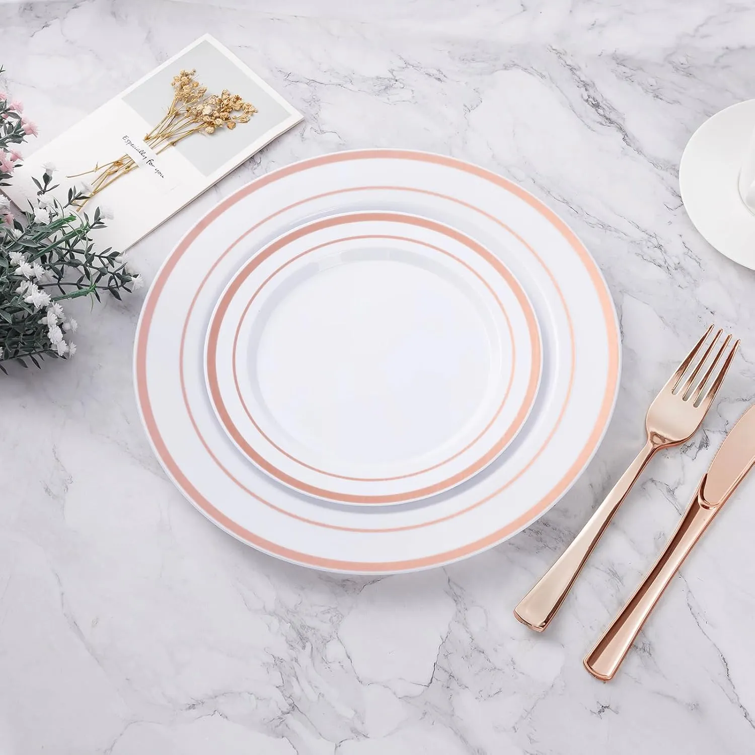 200PCS Rose Gold Plastic Plate, Disposable Party Plates with 100 Dinner Plates and 100 Dessert Plates, Plastic Plates for Party, Wedding and Birthday