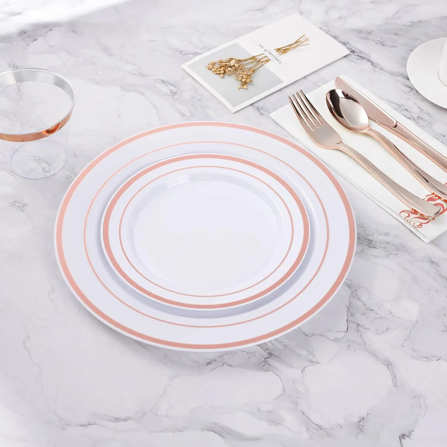 200PCS Rose Gold Plastic Plate, Disposable Party Plates with 100 Dinner Plates and 100 Dessert Plates, Plastic Plates for Party, Wedding and Birthday
