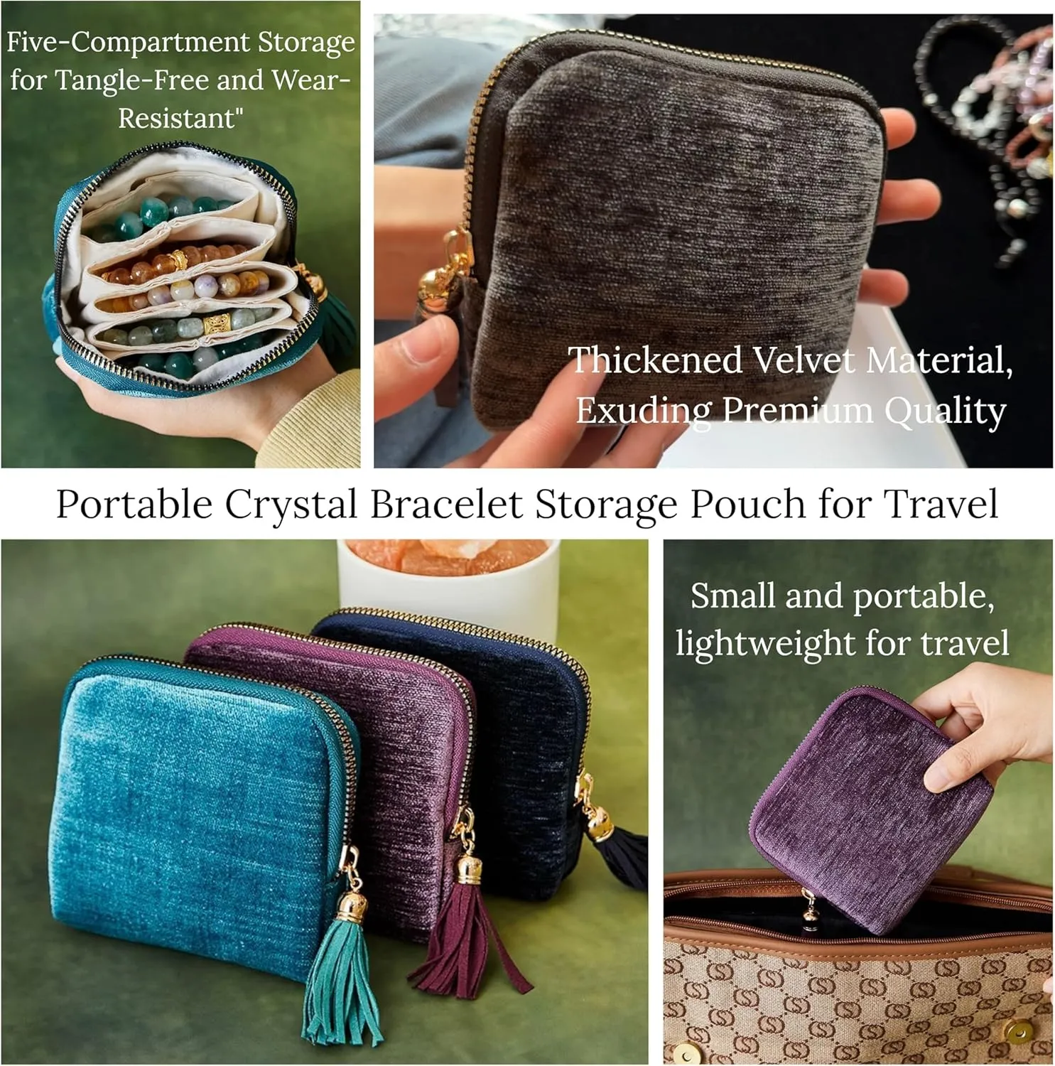 2025 New Travel Jewelry Case – Portable Organizer for Rings, Bracelets, & Bangles with Tassel Zipper, Elegant Jewelry Roll for Journey, Crystal Jewelry Storage Pouch, Mini, Taro Purple
